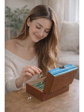 Hand Painted Wooden Jewelry Box Landscape Design | Rustic Keepsake Storage